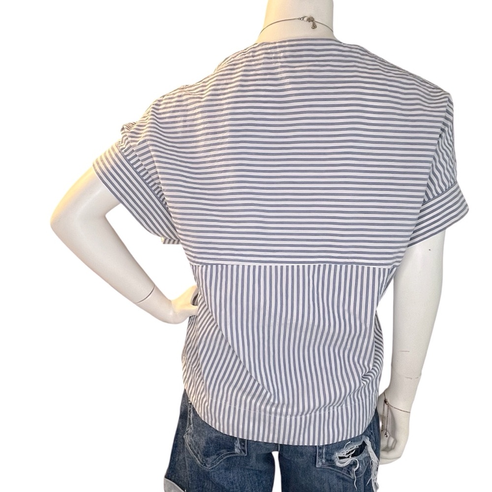 Madewell Blue and White Striped V-Neck Loose Boxy Fit Blouse Sailor Chic Preppy - Picture 5 of 10